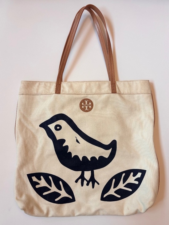 Tory Burch Handbags - Tory Burch Ella Canvas Bird Tote Cream Navy Leather Trim Large Shoulder Bag